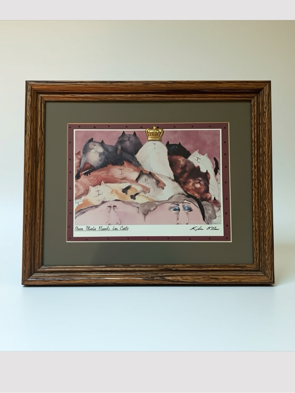 “Over their heads in Cats” Vntg whimsical art signed: Erika Oller” Matted+Framed